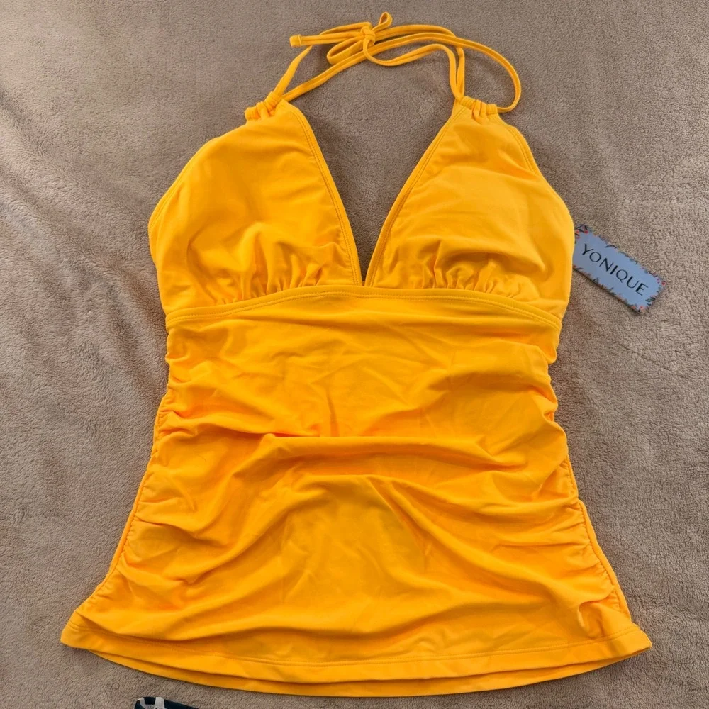 NWT Yonique Yellow‎ Ruched Halter Tankini High Waist Floral Bikini Swimsuit Sz M